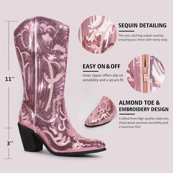 Women's Sequin Light Pink Fashion Western Zipper Pointed Toe Embroidered Boots - Picture 5 of 6